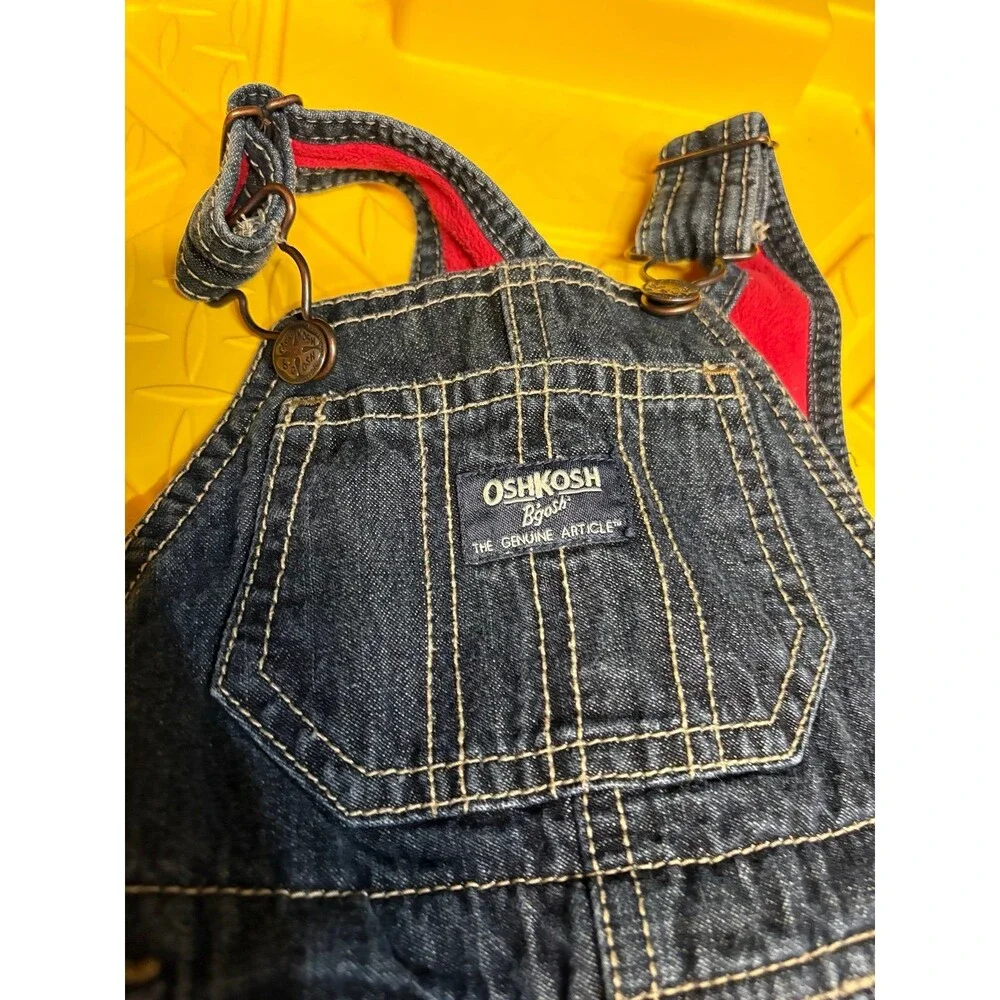 OshKosh B'gosh toddler denim overalls red fleece lining. 9M